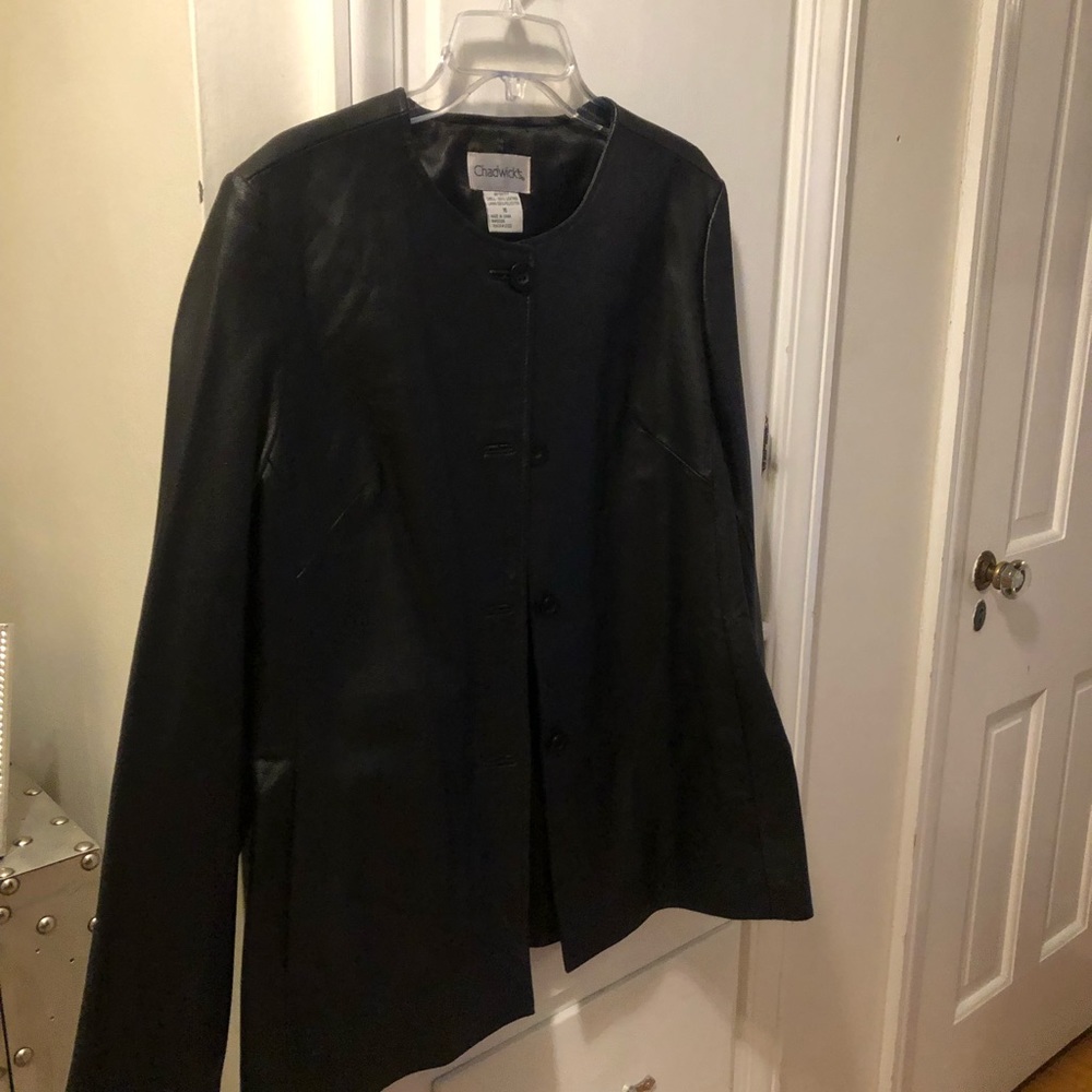 Black Leather Collarless Button Front Jackets Bar… - image 1